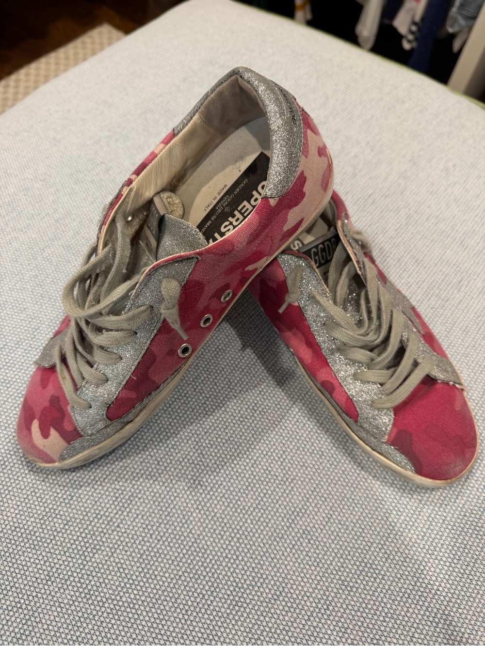 Golden Goose Pink Camouflage Low-Top Sneakers with Silver Glitter Trim